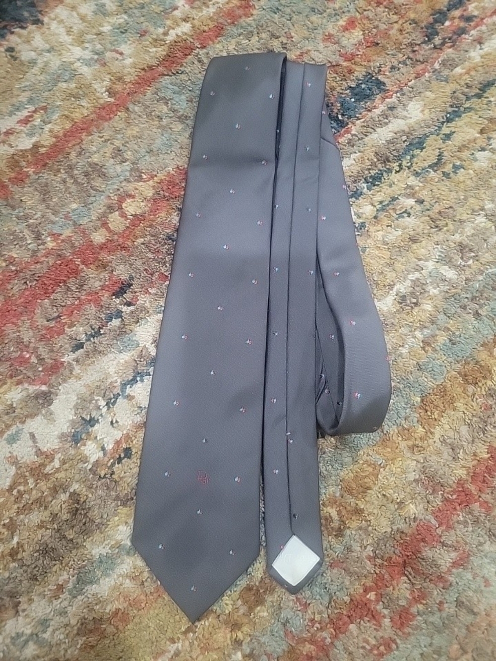 Dior Men's Gray Tie with Subtle Red and Blue Dots